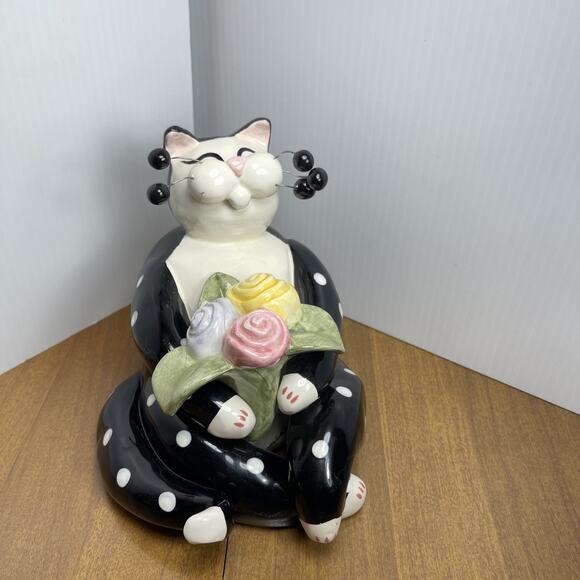 Vintage Amy Lacombe Cat Figurine Black White Polka Dot Flower 2001 Whimsiclay - Picture 2 of 10